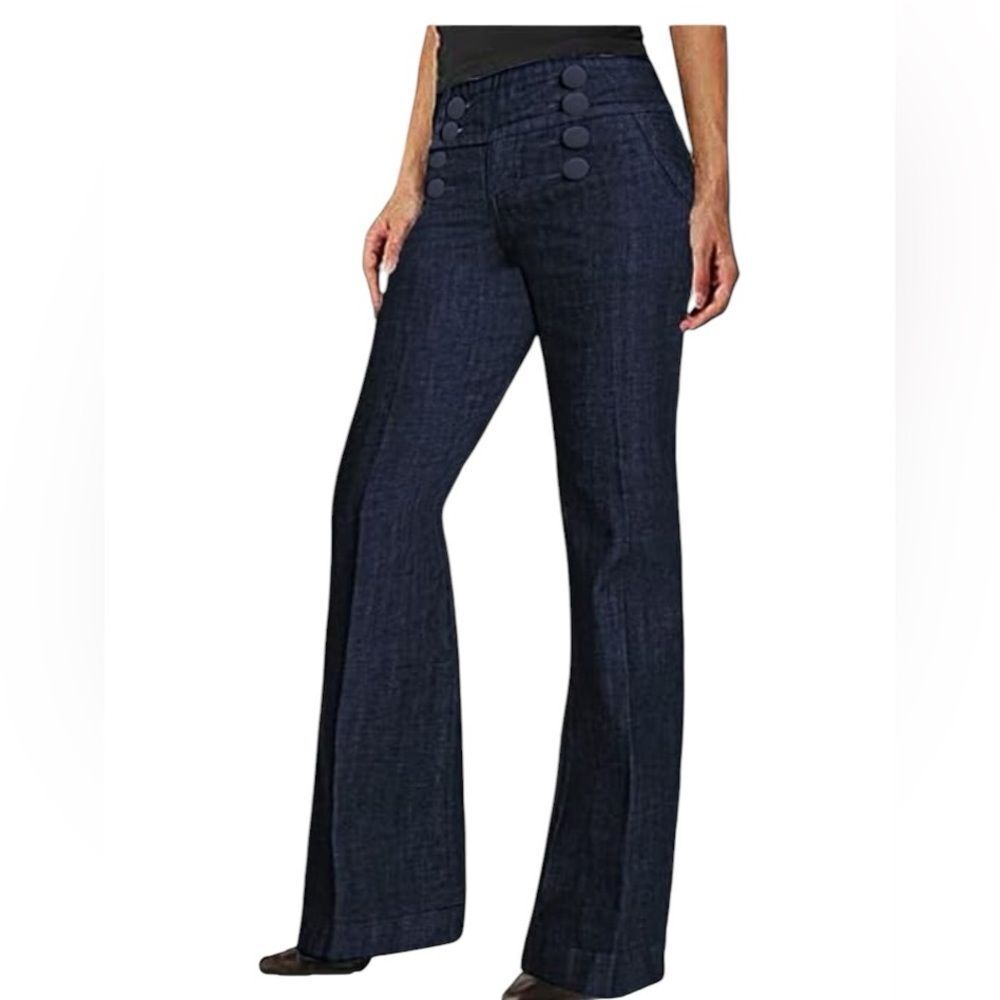 Loft Sailor Bib Wide Leg Jeans 100% Cotton Large Anchor Button Nautical Coastal